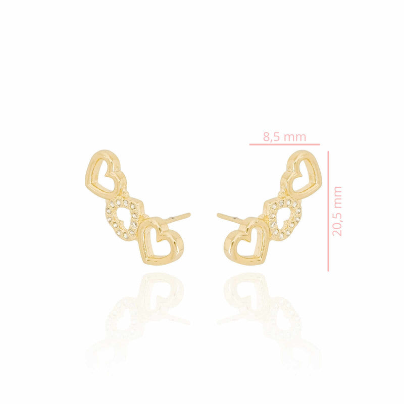 Earcuff Three Hearts and Crystal Studs - 18K Gold