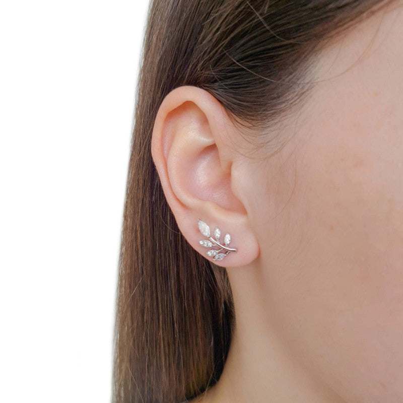 Earring Leaf Zirconia Crystal Stud - White Rhodium