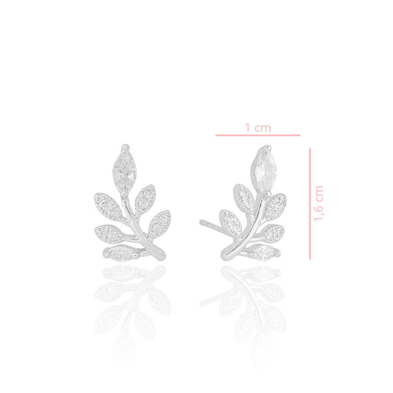 Earring Leaf Zirconia Crystal Stud - White Rhodium