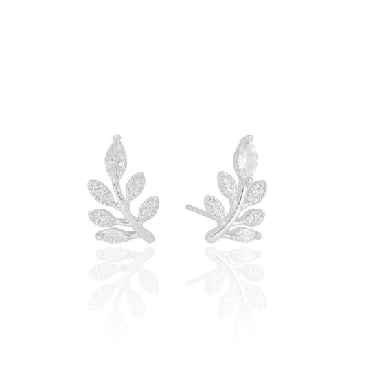 Earring Leaf Zirconia Crystal Stud - White Rhodium