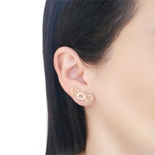 Earcuff Three Hearts and Crystal Studs - 18K Gold