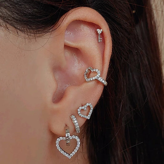 Earcuff Heart Studs - White Rhodium
